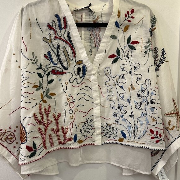 White Cotton Blouse w/ Colorful Embroidery - Picture 8 of 9